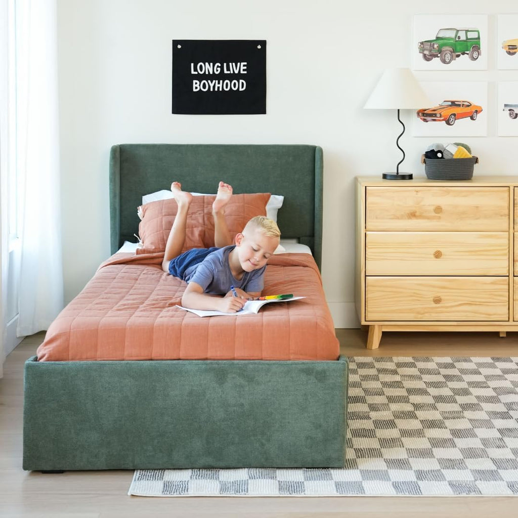 Max & Lily Upholstered Twin Bed Frame with Rectangular Headboard, Upholstered Platform Bed for Kids, No Box Spring Needed, Easy Assembly, Green