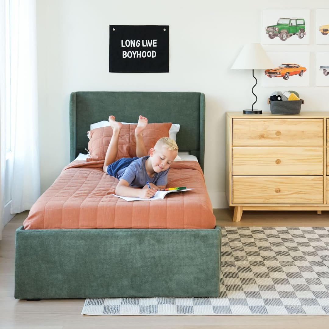 Max & Lily Upholstered Twin Bed Frame with Rectangular Headboard, Upholstered Platform Bed for Kids, No Box Spring Needed, Easy Assembly, Green