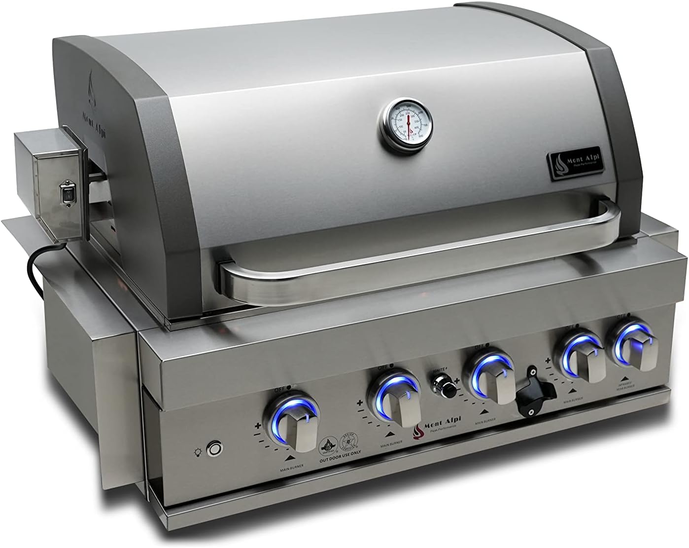 Mont Alpi Premium 32'W x 23'D x 21'H Stainless Steel 4-Burner 63000 BTUs Outdoor Kitchen Kitchen Island Heavy Duty Propane Built-in BBQ Grill Head with Infrared Rear Burner + Rotisserie Kit + Cover