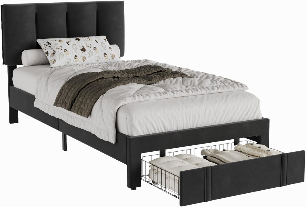 VECELO Twin Size Bed Frame with Storage Drawer, Heavy-Duty Platform Bedframe with Headboard & Strong Wooden Slats Support, No Box Spring Needed, Black