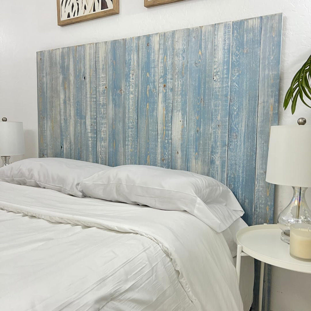 Barn Walls Solid Wood Headboard King Size, Blue Powderwash Finish with Smooth Natural Wood Grain, Handcrafted Wall-Mounted Panel Head Board, Adjustable Height, Modern Farmhouse Bedroom, Built to Last