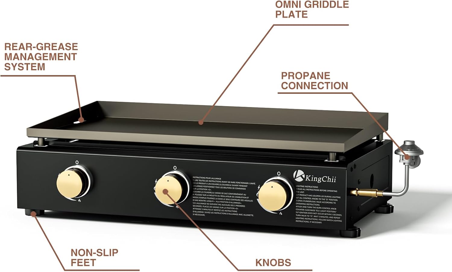 KingChii 28' Tabletop 3-Burner Griddle Portable Gas Grill with Rear Grease Trap, Powder Coated Steel, Black