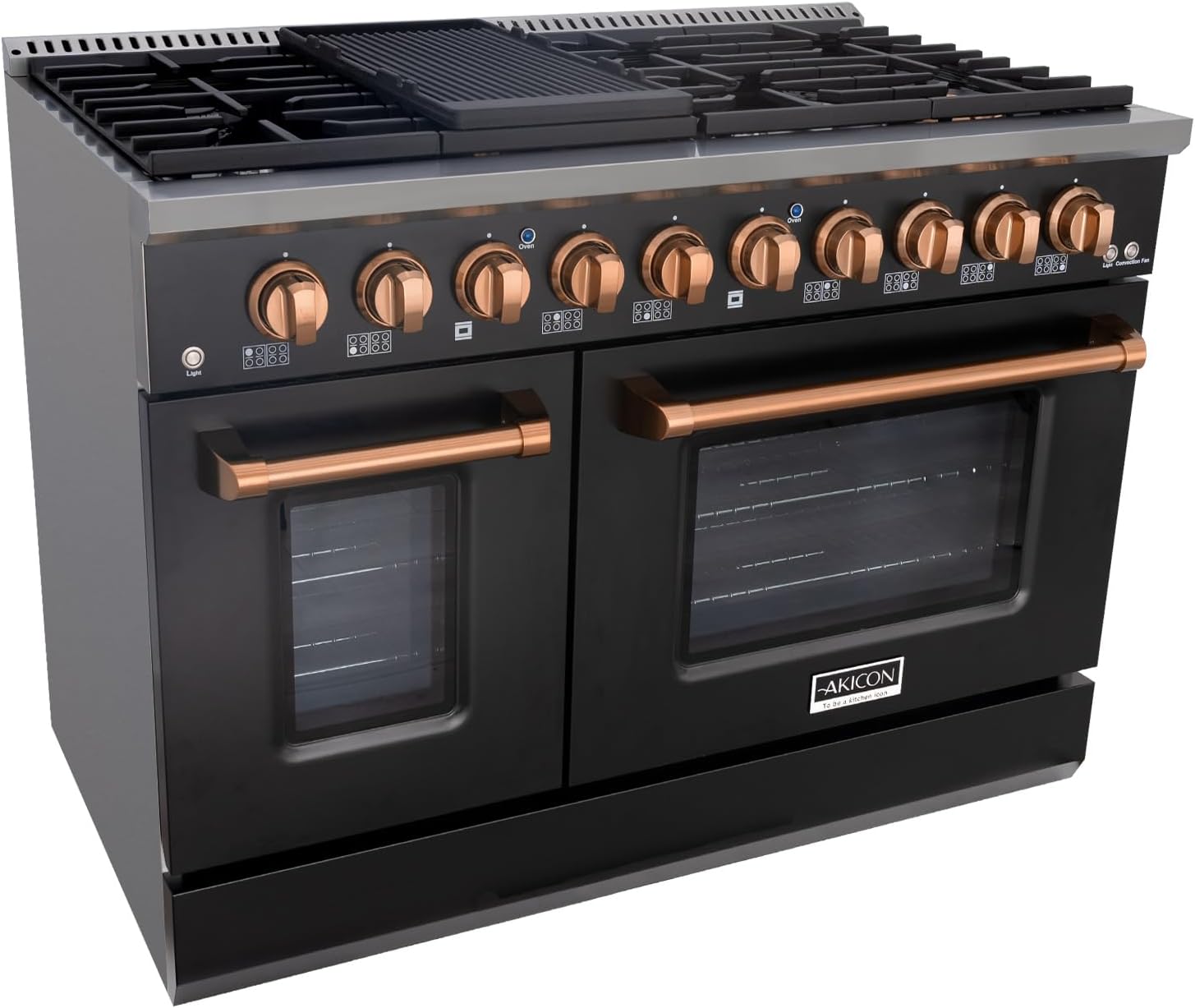 Akicon 48 Inch Freestanding Gas Range - 6.7 cu. ft. Double Rapid Convection Gas Oven Stove with 8 Sealed Burners & a Griddle, Heavy Duty Cast Iron Grates (Black & Copper)