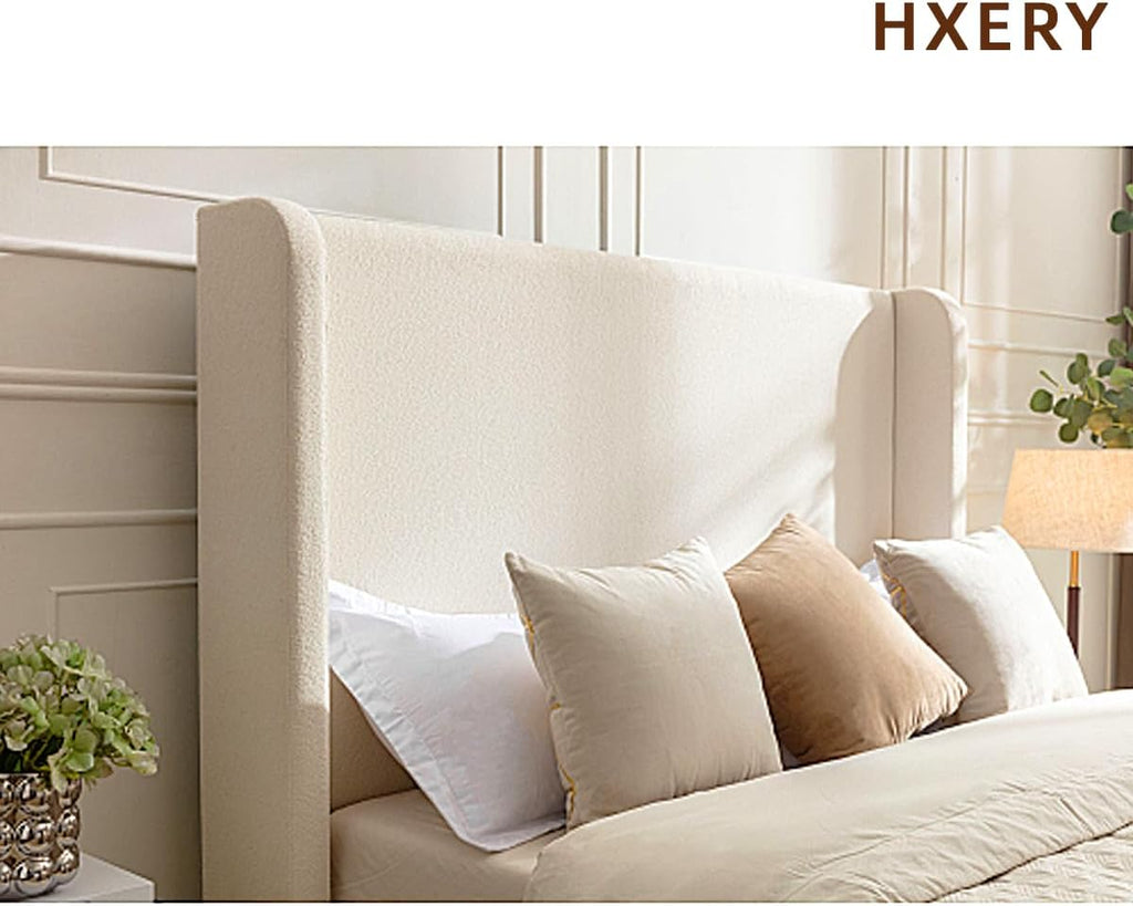 King Size Bed Frame With Headboard,54'High Headboard Boucle Upholstered Platform Bed,bedroom Furniture Sets No Springs Required,Metal Bed Frame With Wooden Slats for Strong Support,No Noise Free,Ivory