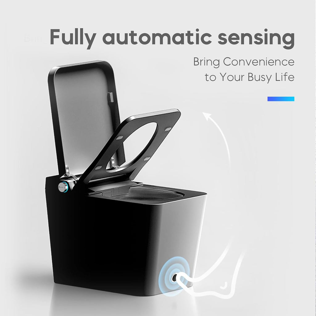 Black Square Luxury Smart Bidet Toilet with Remote Control, Tankless Design, Foot-Sensing Lid Operation, Auto Flush & Closing, Heated Seat & Warm Air Dryer, Unique Fashionable Shape