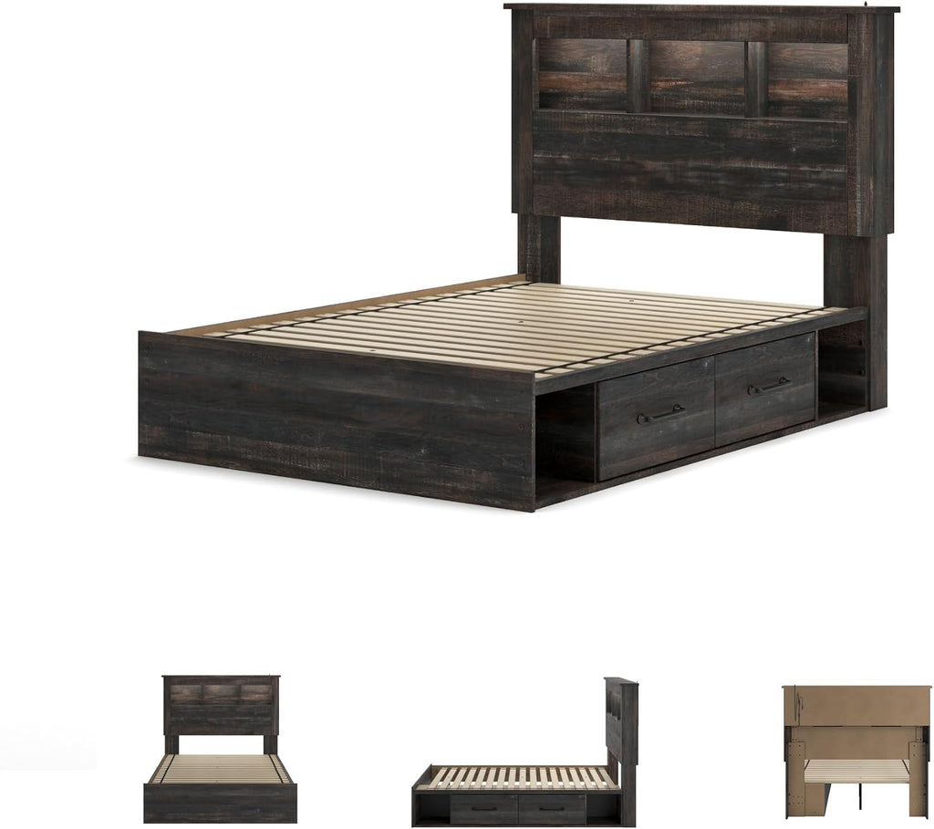 Signature Design by Ashley Drystan Rustic Full Bookcase Bed with 2 Storage Drawers, Open Cubbies and LED Light, Foundation or Box Spring Not Needed, Dark Brown & Gray