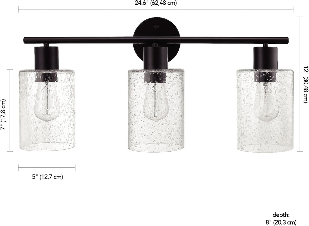Globe Electric 51851 Bristol 5-Piece All-in-One Bathroom Set, Matte Black, 3-Light Vanity Light with Seeded Glass Shades, Towel Bar, Towel Ring, Robe Hook, Toilet Paper Holder