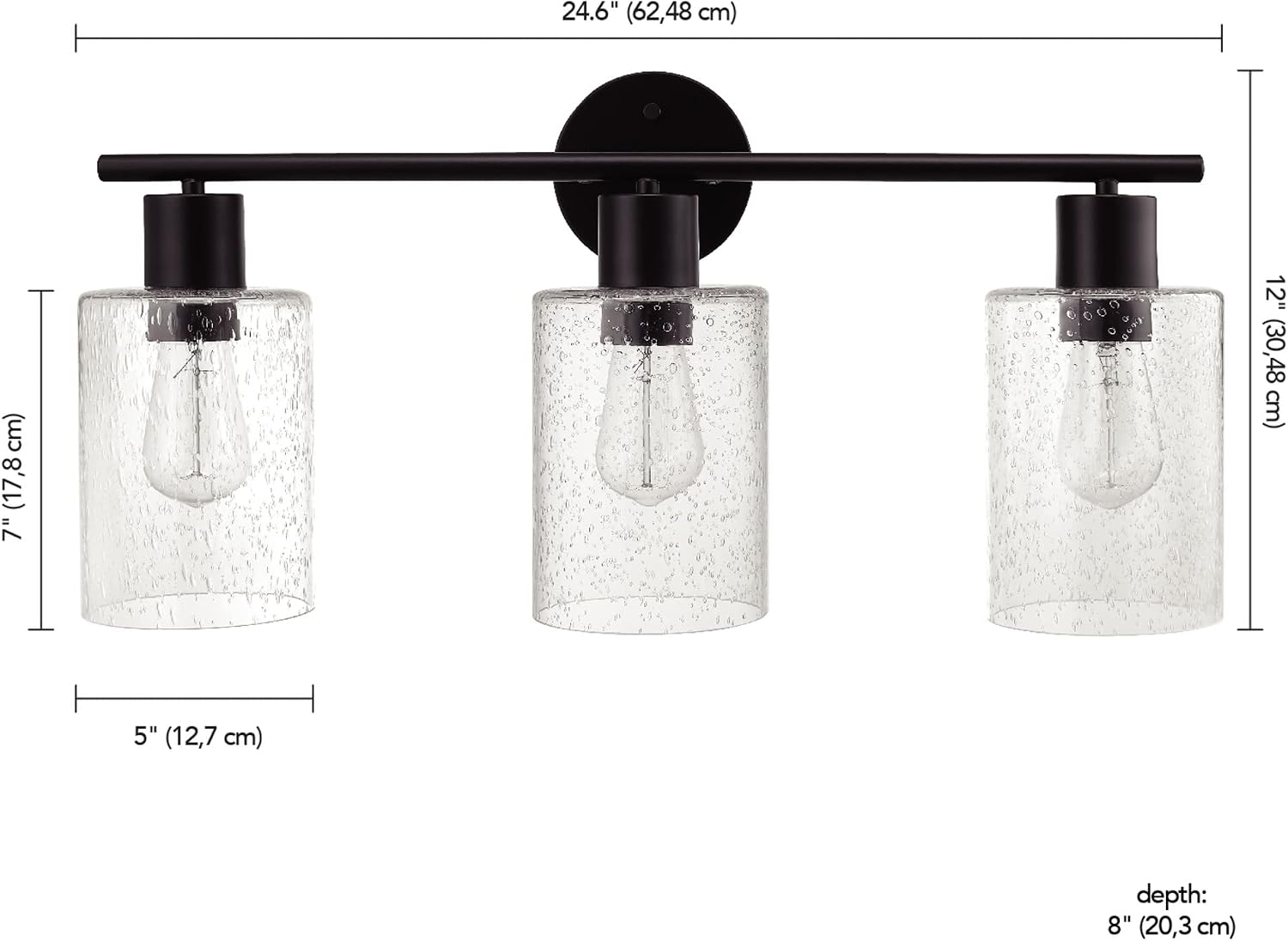 Globe Electric 51851 Bristol 5-Piece All-in-One Bathroom Set, Matte Black, 3-Light Vanity Light with Seeded Glass Shades, Towel Bar, Towel Ring, Robe Hook, Toilet Paper Holder