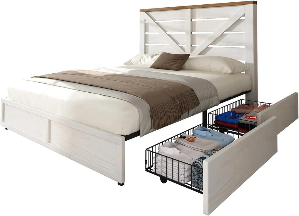 AMERLIFE Queen Size Farmhouse Bed Frame with 4 Drawers, Wooden Storage Bed Frame with Headboard and Heavy Duty Metal Slats, Noisy Free, Easy Assemble, White/Barnwood