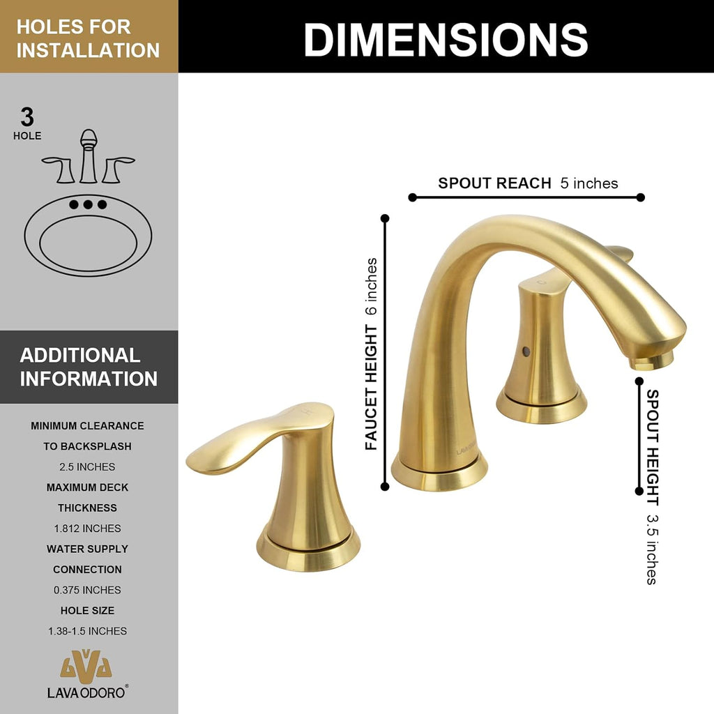 Lava Odoro Valenvoir Gold Bathroom Faucet for Sink 3 Hole, Brushed Gold 8 inch Widespread Bathroom Faucet 2 Handle Bathroom Sink Faucet for Vanity with Drain Assembly Supply line, BF405-SG