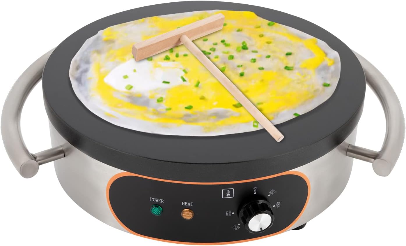 16Inch Electric Crepe Maker Pancake Maker, 1500W Stainless Steel Non-stick Pan Griddle Machine, 50℃-300℃ Adjustable Temperature, Electric Single Pan Crepe Maker for Kitchen, Snack Stall