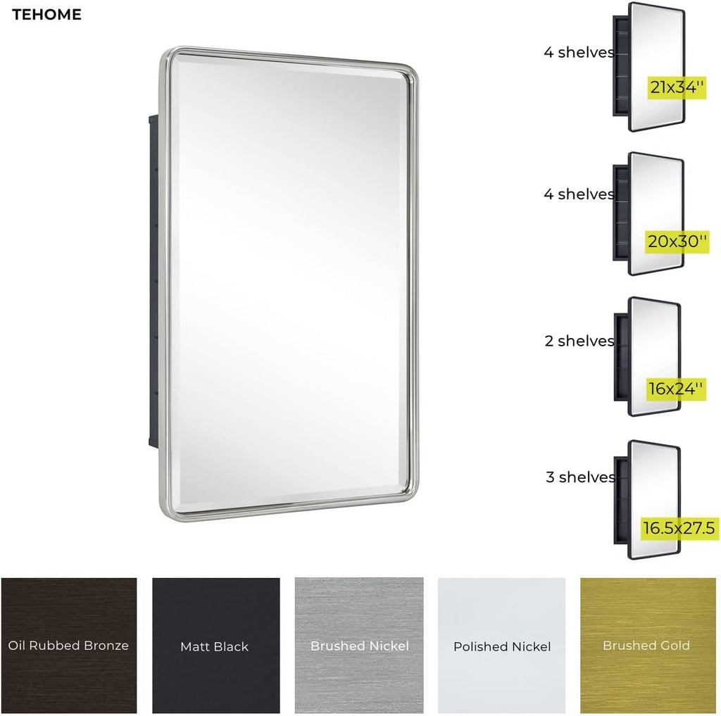 TEHOME Farmhouse Matt Black Recessed Bathroom Medicine Cabinet with Mirror Rounded Rectangle Metal Framed Medicine Cabinet with Beveled Mirror 20x30''