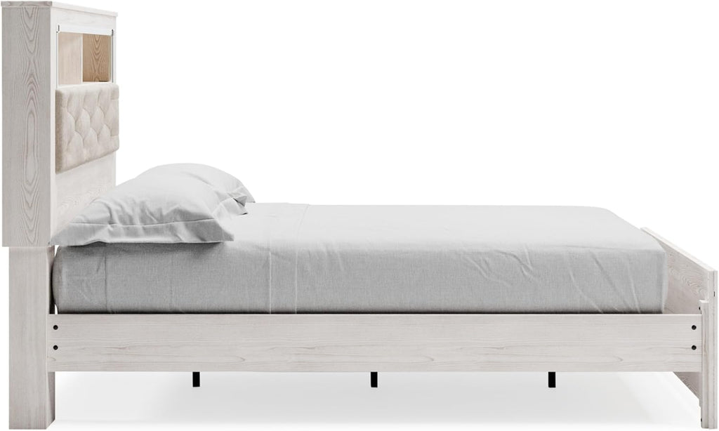 Signature Design by Ashley Altyra Glam Tufted Upholstered Queen Platform Bookcase Bed with LED Lighting, Foundation or Box Spring Not Needed, White