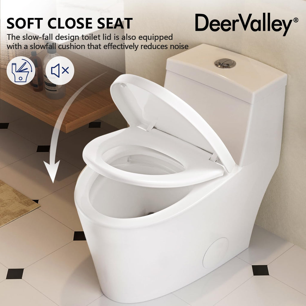 One Piece Toilet DeerValley 10' Rough-In Toilet for Bathroom 1.1/1.6 GPF Dual Flush Standard Bathroom Toilet with Soft-Closing and Quick-Release Seat DV-1F52816R