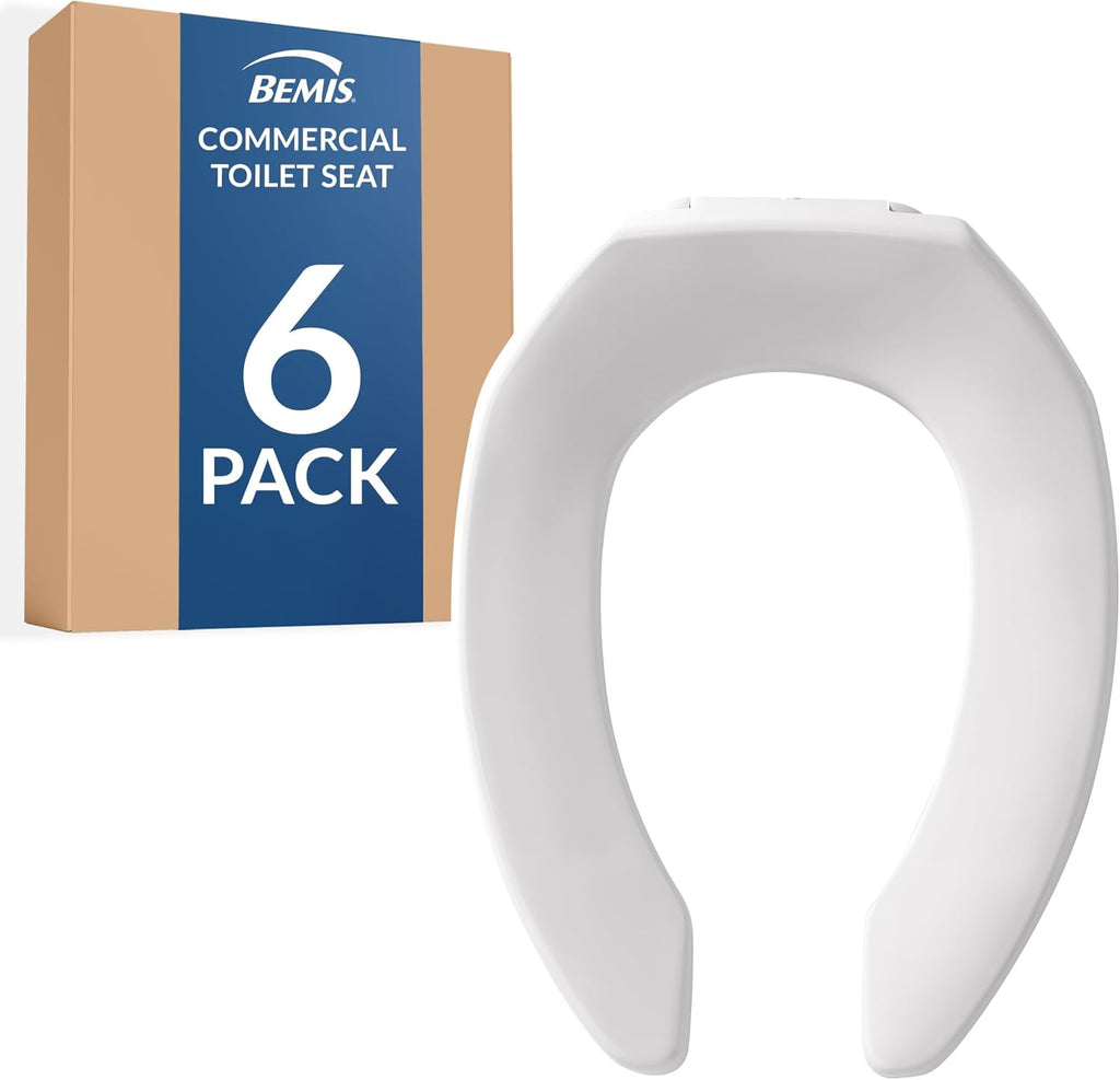 Bemis 6 Pack Commercial Open Front Plastic Toilet Seat, Heavy Duty Industrial Seat Without Lid, Secure Installation for Long Lasting Use, Made in USA, Elongated, White, 1955CT