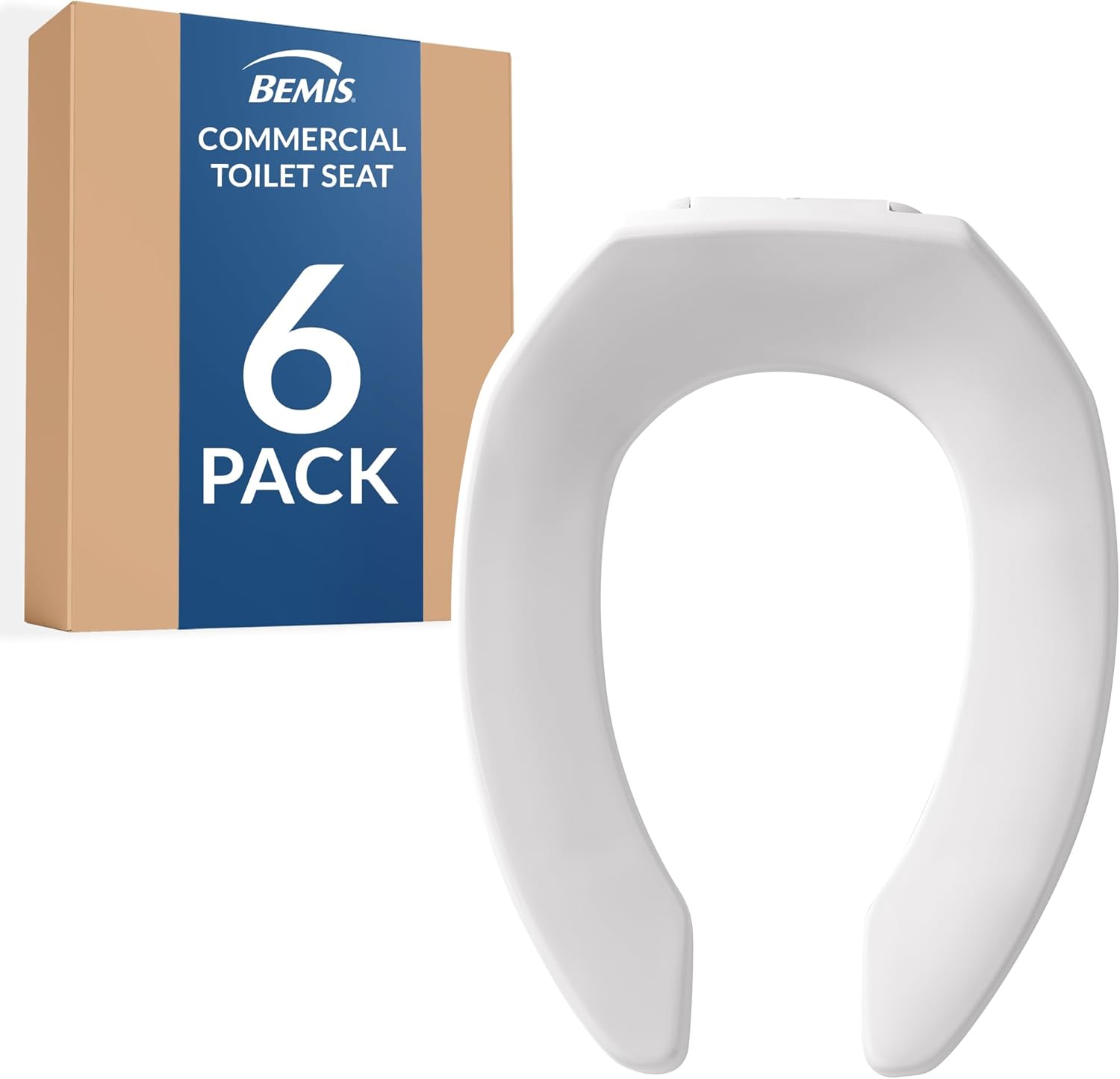 Bemis 6 Pack Commercial Open Front Plastic Toilet Seat, Heavy Duty Industrial Seat Without Lid, Secure Installation for Long Lasting Use, Made in USA, Elongated, White, 1955CT