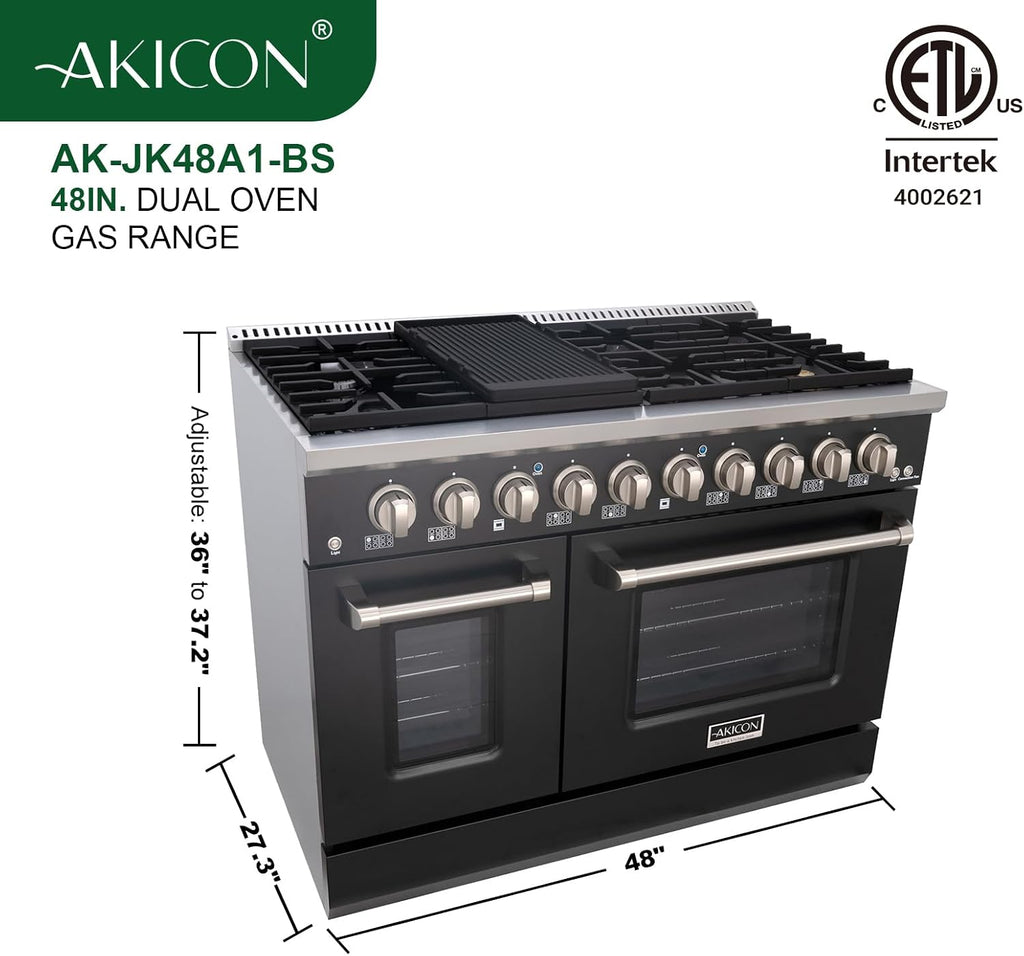 Akicon 48 Inch Freestanding Gas Range - 6.7 cu. ft. Double Rapid Convection Oven - Gas Stove with 8 Sealed Burners & a Griddle, Heavy Duty Cast Iron Grates (Black & Stainless Steel)