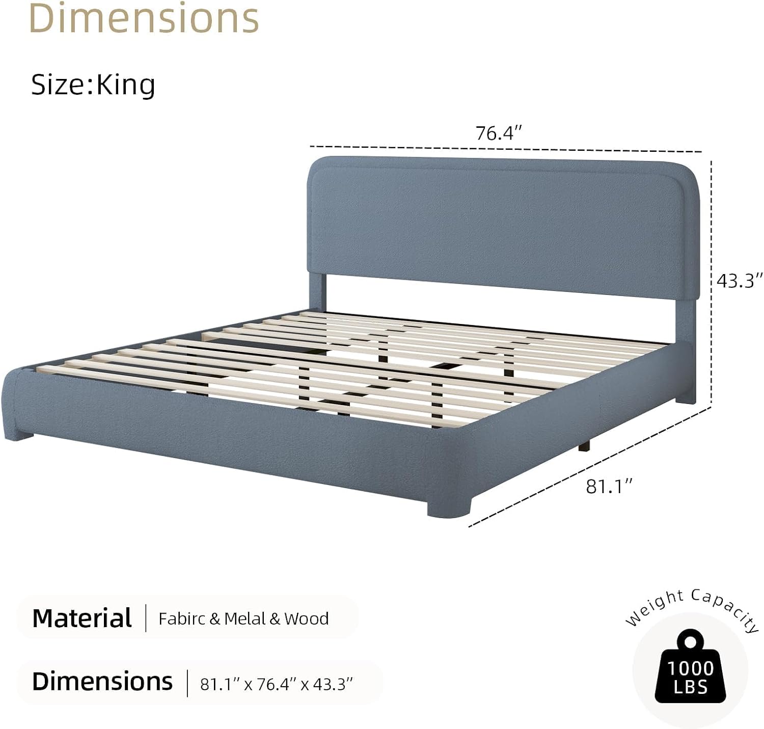 BarnFurin Boucle Upholstered Bed Frame King Size/Cloud Bed Frame/Soft Rounded Corners Headboard/Low Profile/No Box Spring Needed/Non-Slip and Noise-Free/Blue