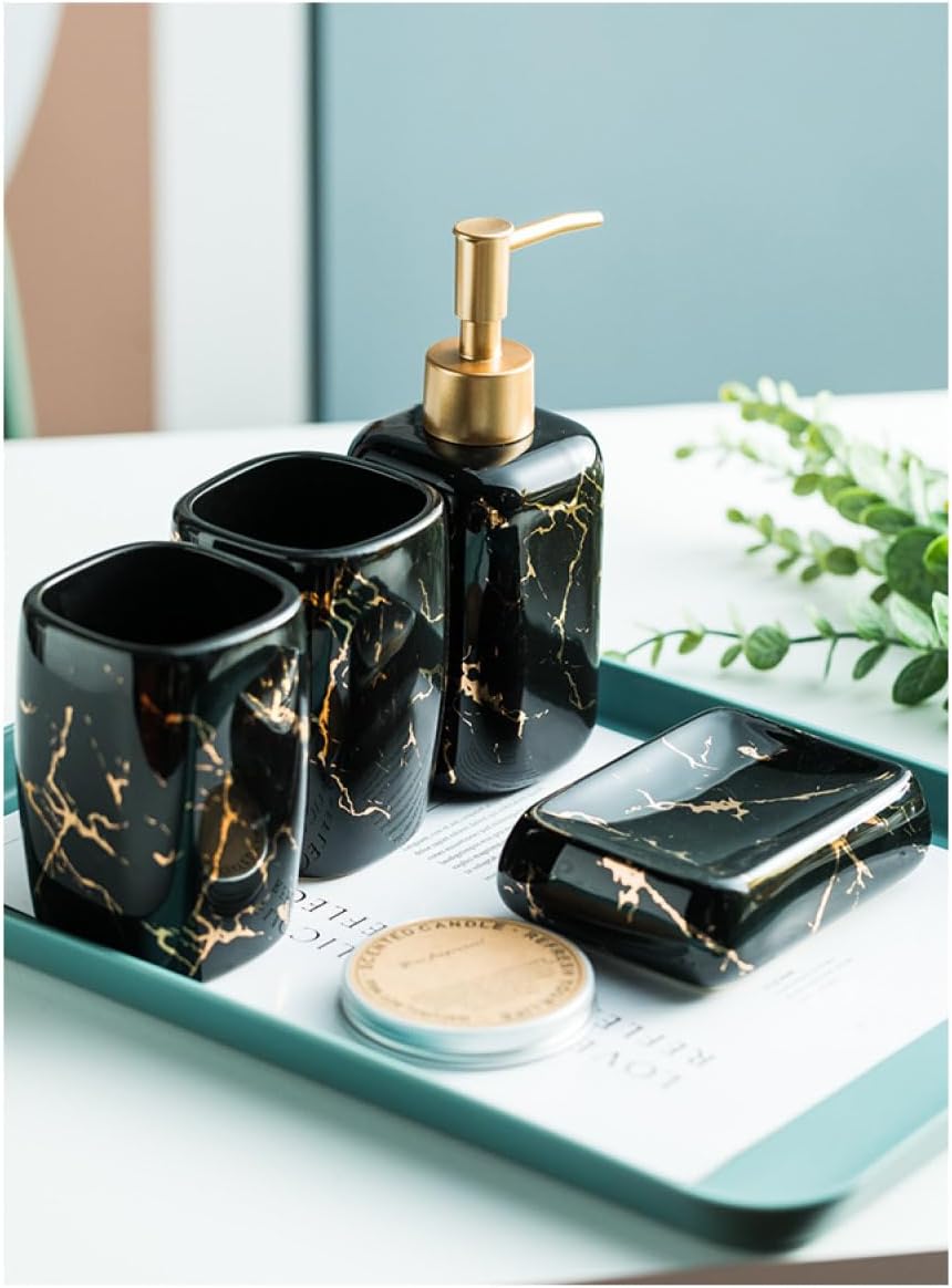 3 Pieces Marble Square Bathroom Accessories Set Include Soap Dispenser Rinse Cup - for Kitchen Home Popular Black One Size ((Black Size)