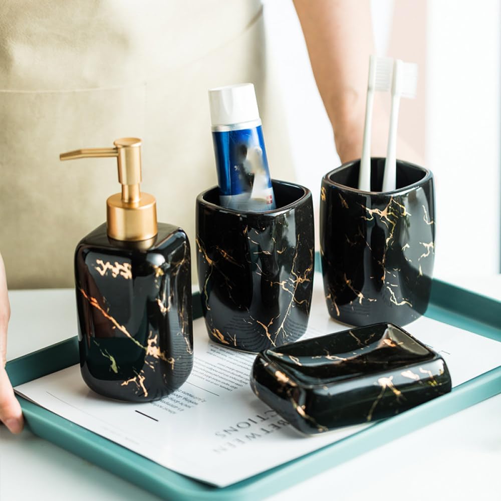 3 Pieces Marble Square Bathroom Accessories Set Include Soap Dispenser Rinse Cup - for Kitchen Home Popular Black One Size ((Black Size)