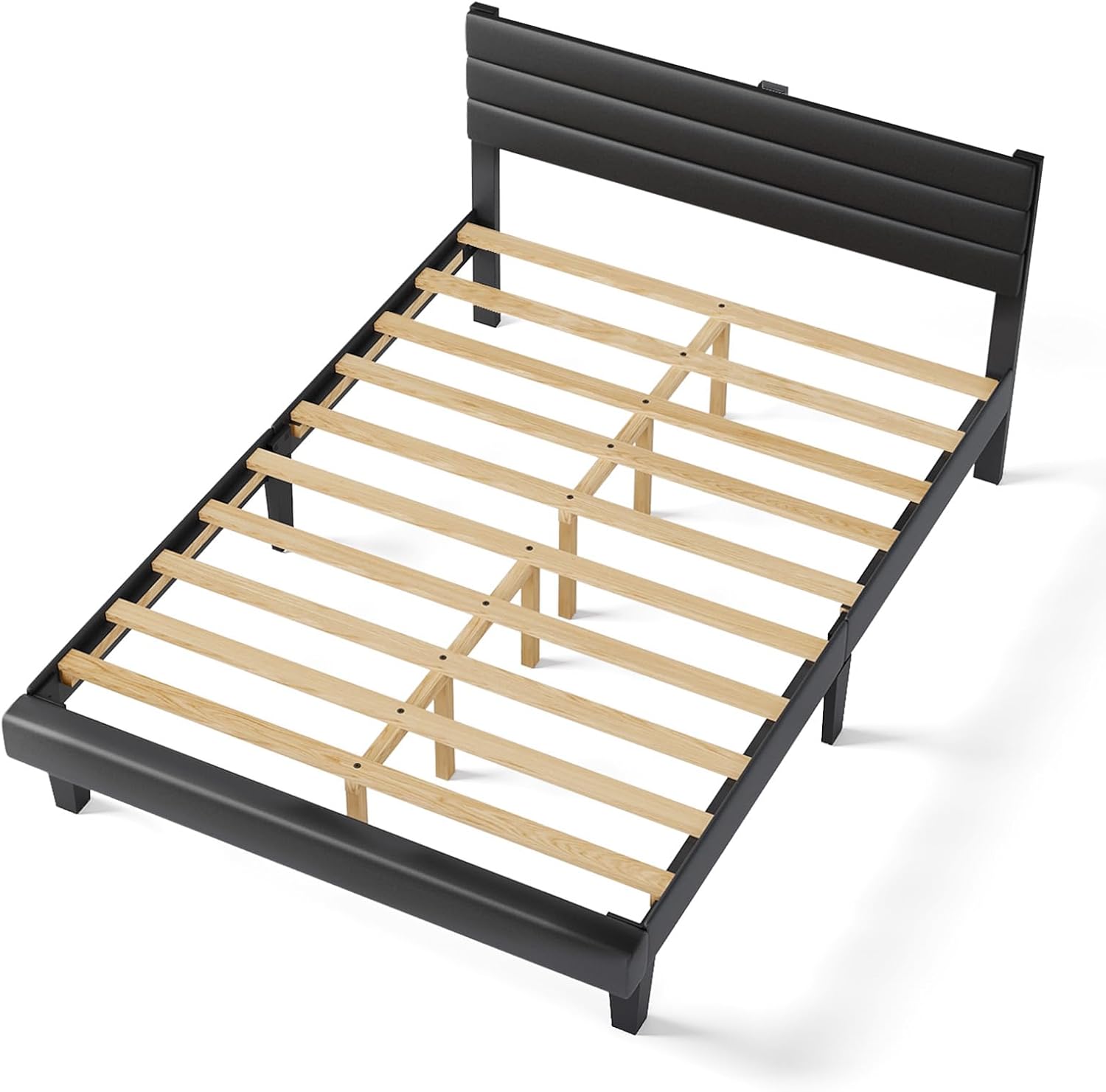 VINGLI Full Faux Leather Bed Frame, Upholstered Platform Bed with Adjustable Headboard, Wood Mattress Foundation with Heavy Duty Slats Support,Luxury Modern,No Box Spring Needed, Black