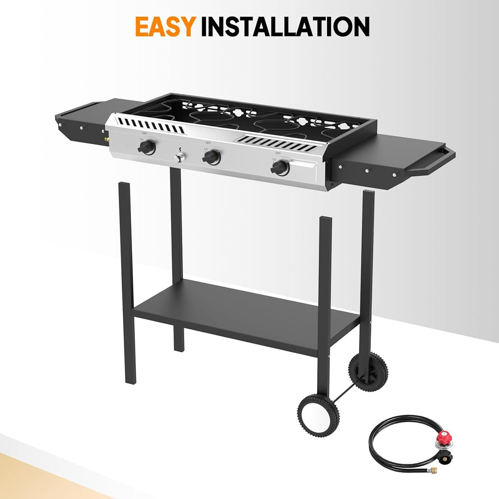 Bonnlo 3 Burner Propane Stove with Inginition, 225000BTU Gas Stove with Side Table Storage Shelf and Portable Rolling Wheels, Gas Burner for Outdoor Camping Patio Backyard Cooking Boiling Frying