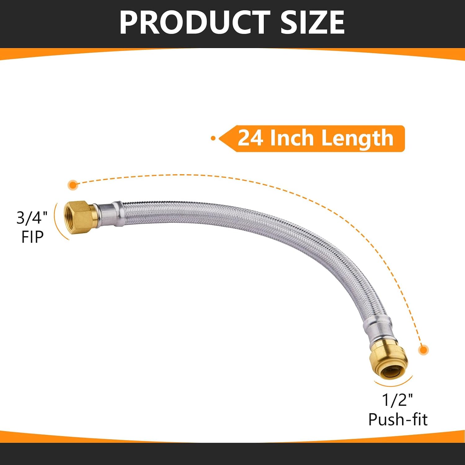 10-Pack HeSun 24-Inch Stainless Steel Water Heater Connector, 1/2' Push-Fit x 3/4' FIP, Push-to-Connect Flexible Heater Hose(HOSE031-10)