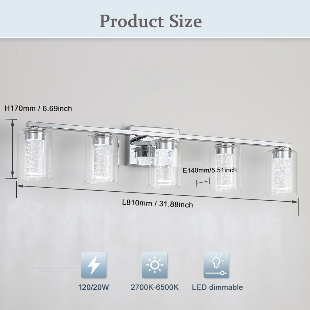 EMONG 5-Light Chrome Bathroom Light Fixtures,Dimmable 5CCT LED Vanity Lights with Clear Glass,2700K-6500K Adjustable Crystal Bubble Bathroom Lights Over Mirror for Hallway,Living Room