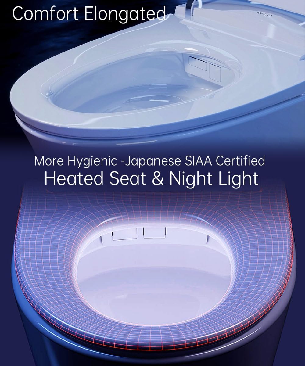 EPLO Luxury Smart Toilet with Auto Open/Close, Foam Dispenser, ADA Comfort Height Heated Seat, Warm Water/Dryer, Modern Elongated Bidet Toilet with Night Light for Bathrooms - iX7
