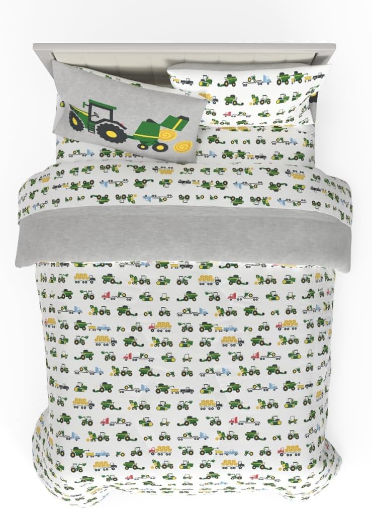 Franco Kids John Deere Farm Equipment Bedding 5 Piece Super Soft Comforter and Sheet Set, Queen, (Officially Licensed Product)