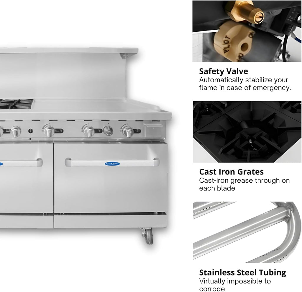CookRite Commercial Natural Gas Range 4 Burner Hotplates With 36' Manual Griddle 2 Standard Ovens 60'' Restaurant Range - 229,000 BTU