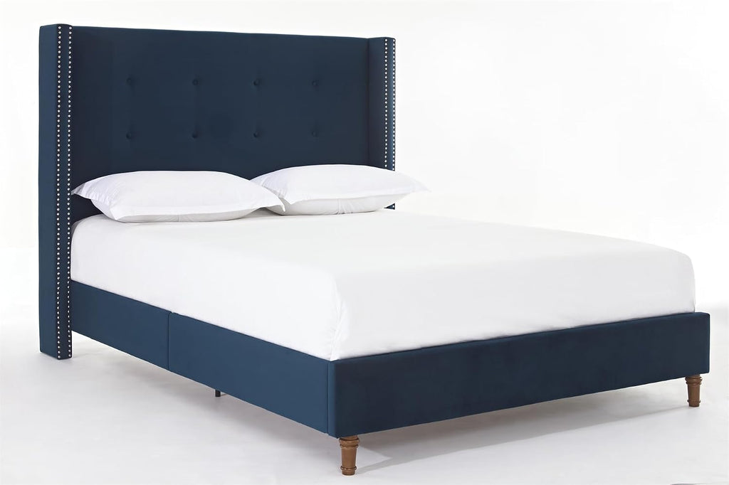 Peyton Upholstered King Bed Frame with 54' Tall Headboard Velvet Wingback Platform Bed with Hand-Buttoned Tufting and Nailhead Trim Strong Wood Slats Support No Box Spring Needed Easy Assembly Blue
