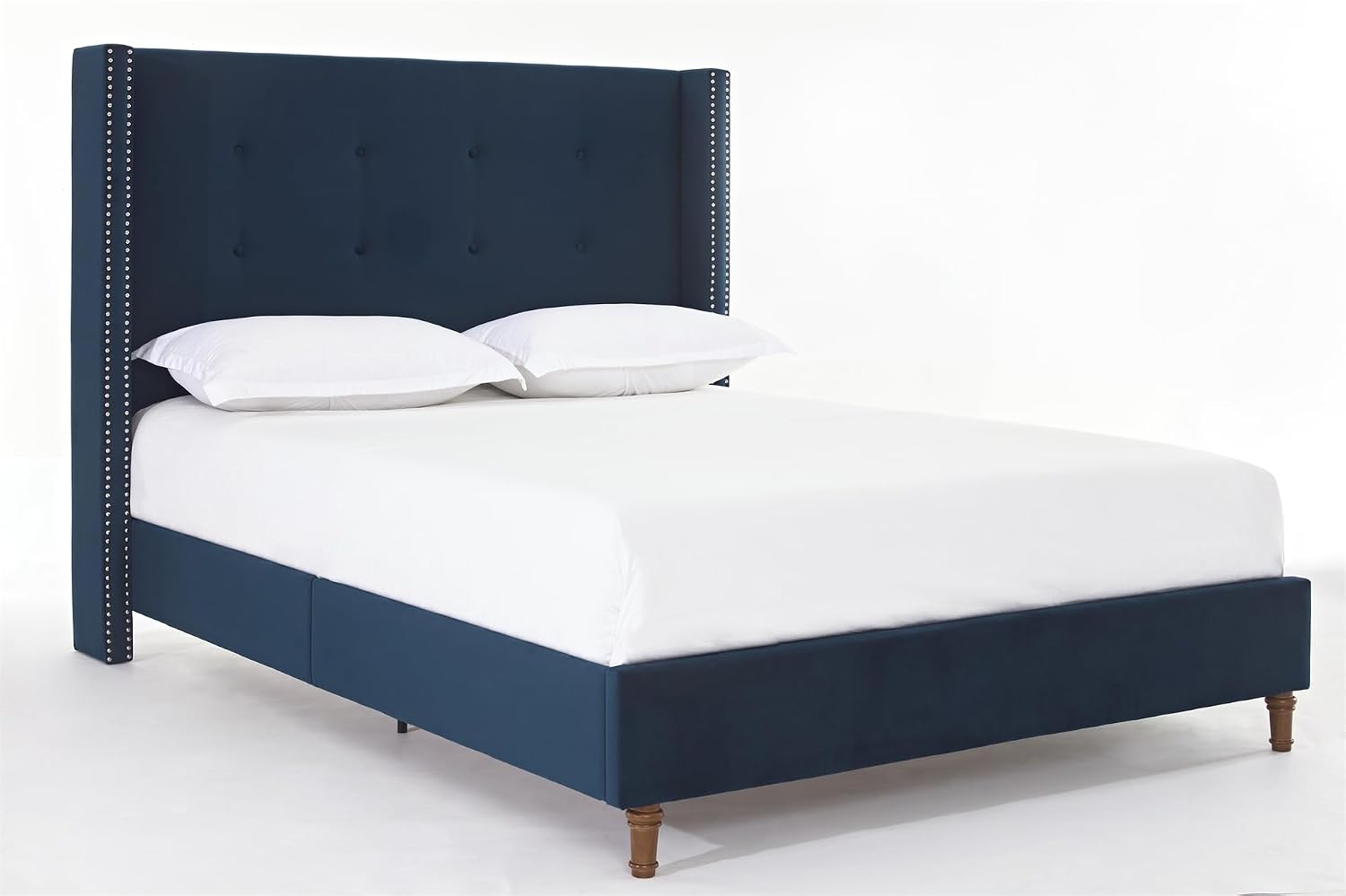 Peyton Upholstered King Bed Frame with 54' Tall Headboard Velvet Wingback Platform Bed with Hand-Buttoned Tufting and Nailhead Trim Strong Wood Slats Support No Box Spring Needed Easy Assembly Blue