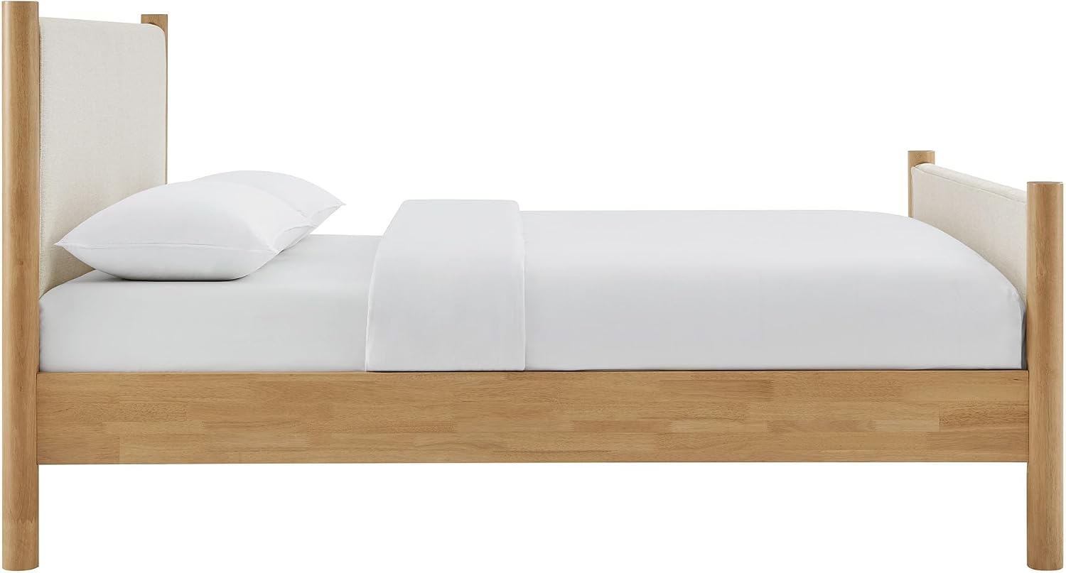 Modway Maven King Size Bed Frame in Ivory Oak with Upholstered Fabric Headboard and Footboard – Wood King Platform Bed Frame – No Box Spring Needed