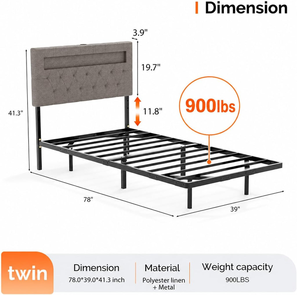 VINGLI Twin Floating Bed Frame with Headboard Heavy Duty Metal Frame, Storage Shelf, LED Lights Charging Station, Modern Platform Bed, Adjustable Headboard, No Box Spring Needed, Grey