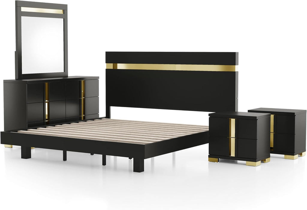 Furniture of America Ansten Modern Wood 5-Piece Platform Bedroom Set with Gold Trim, Underbed LED, Dust Proof Cases, Bracketed Metal Legs, No Box Spring Needed, Twin, Black