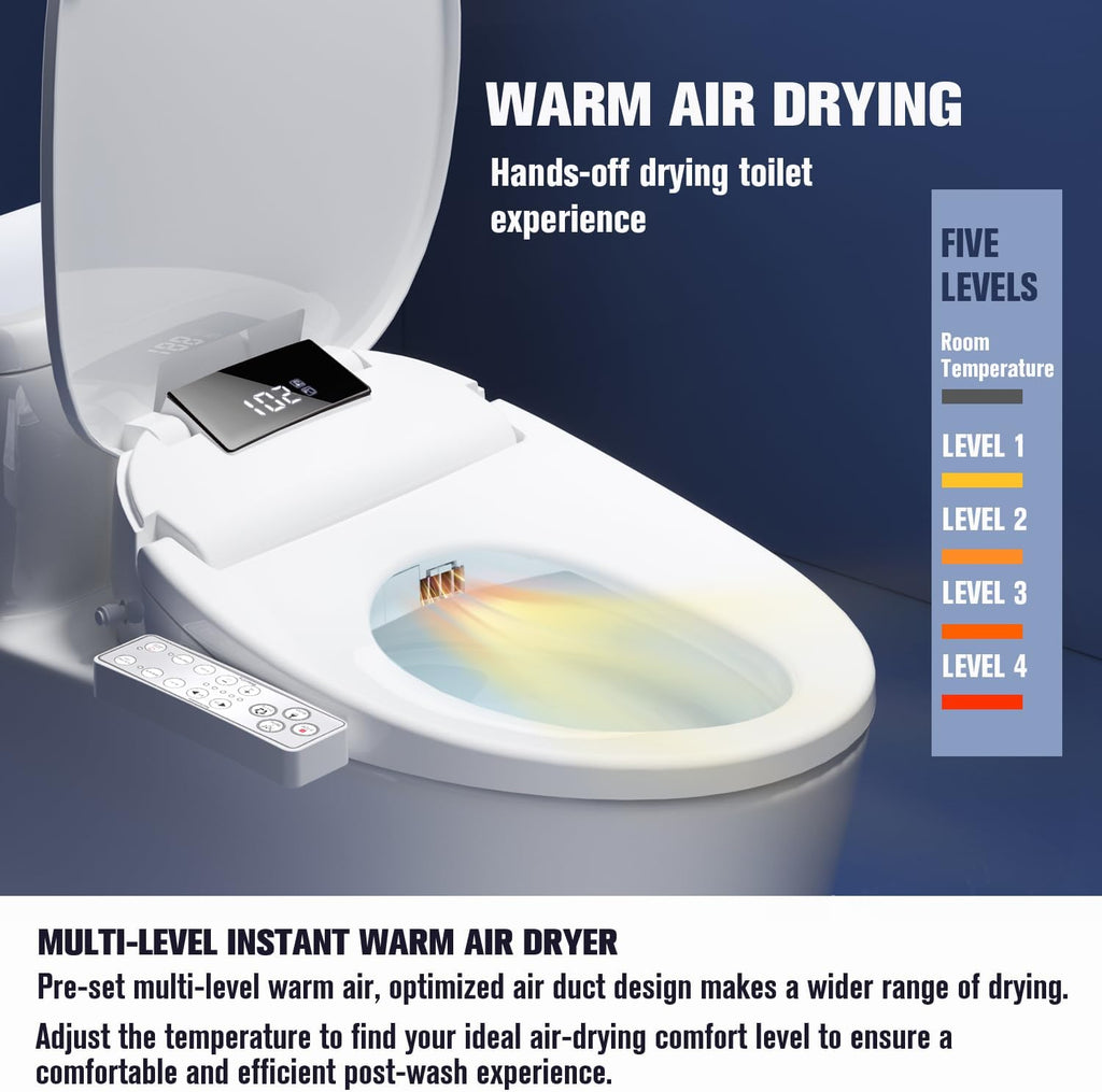 WLJBIDET Toilet Bidet Seat, Instant Warm Water, Self-Cleaning Nozzle, Multiple Spraying Modes, Electric Heated Seat, Warm Air Drying, Soft Closed Lid, Display Screen, Requires Electricity, Elongated