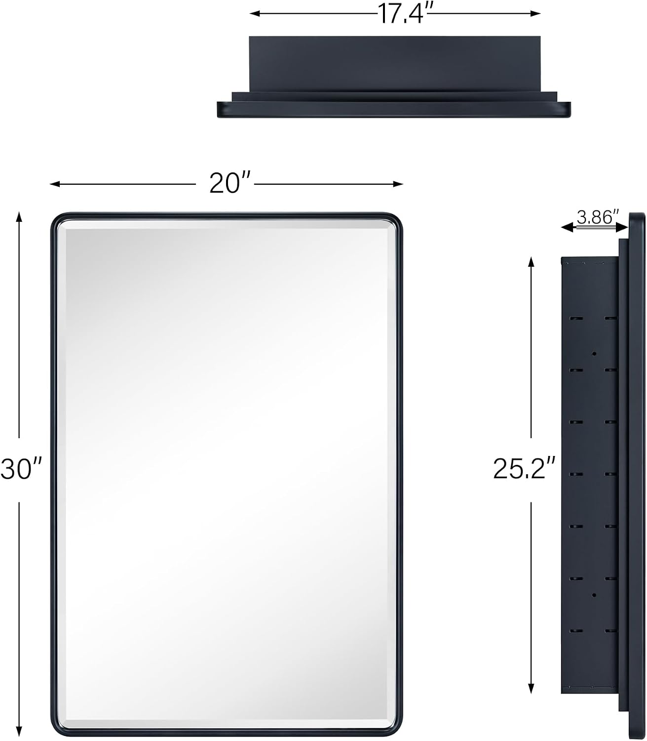 TEHOME Farmhouse Matt Black Recessed Bathroom Medicine Cabinet with Mirror Rounded Rectangle Metal Framed Medicine Cabinet with Beveled Mirror 20x30''