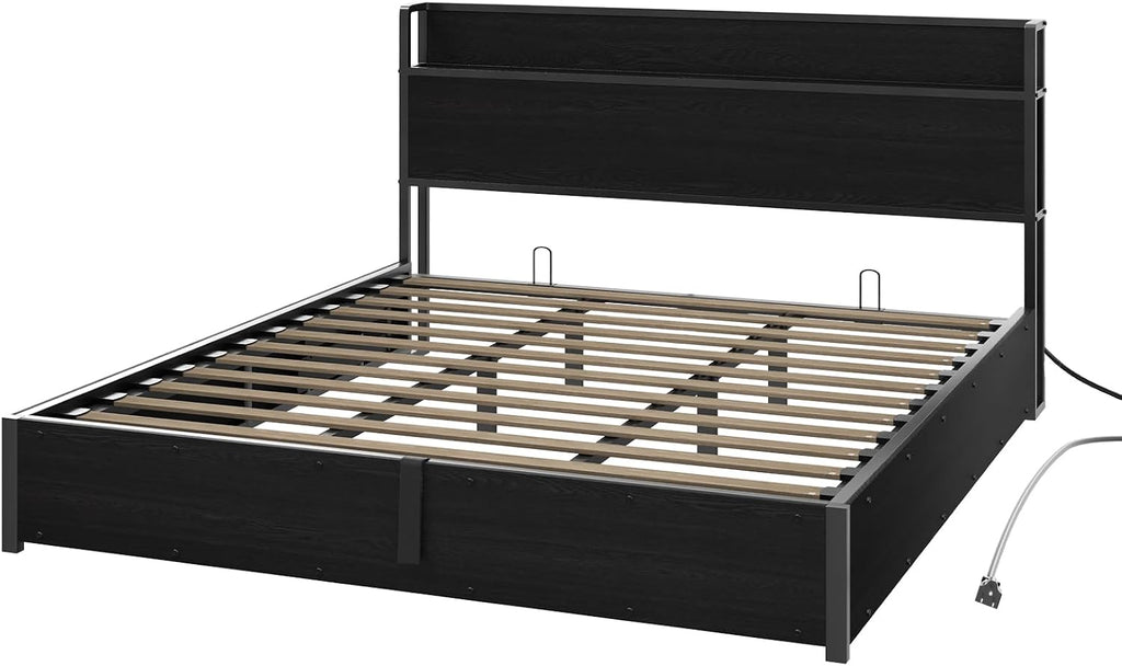 AMERLIFE King Size Lift Up Storage Bed Frame, Wooden Platform Bed Frame with Lifting Storage & Charging Station, No Spring Box Needed/Noise Free, Black