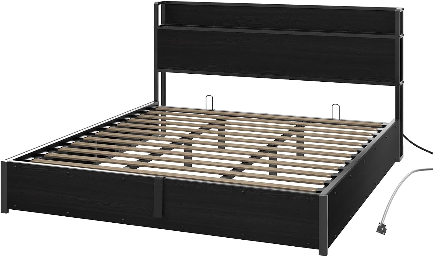 AMERLIFE King Size Lift Up Storage Bed Frame, Wooden Platform Bed Frame with Lifting Storage & Charging Station, No Spring Box Needed/Noise Free, Black