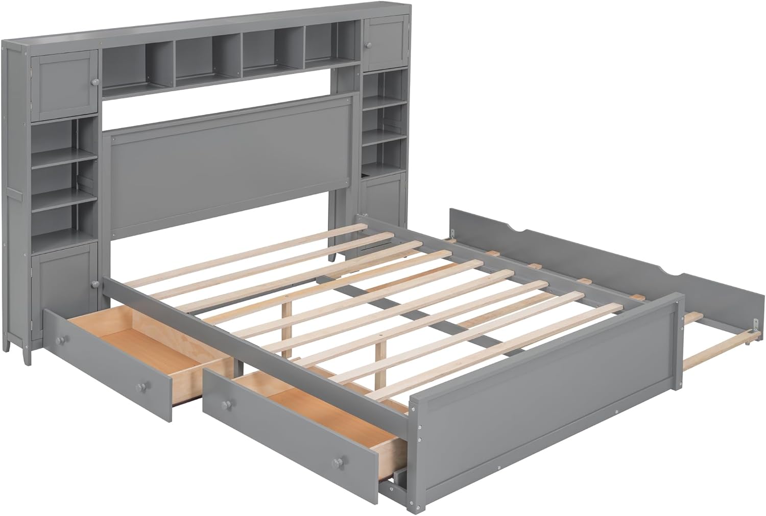 Harper & Bright Designs Queen Size Platform Bed with Trundle and Drawers, Queen Platform Bed Frame with Storage Headboard, Solid Wood Bed Frame with Bookcase and Cabinet, No Box Spring Needed (Gray)