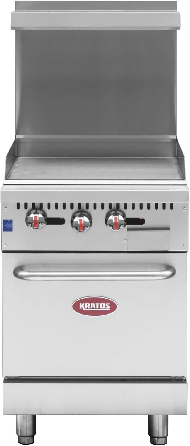 Kratos 24' Wide Commercial Gas Range with Griddle Top and 30,000 BTU Oven, Stainless Steel Griddle for Restaurants, Natural Gas