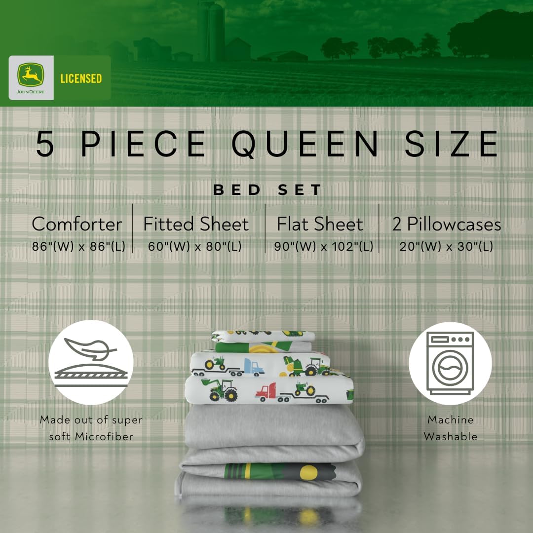 Franco Kids John Deere Farm Equipment Bedding 5 Piece Super Soft Comforter and Sheet Set, Queen, (Officially Licensed Product)