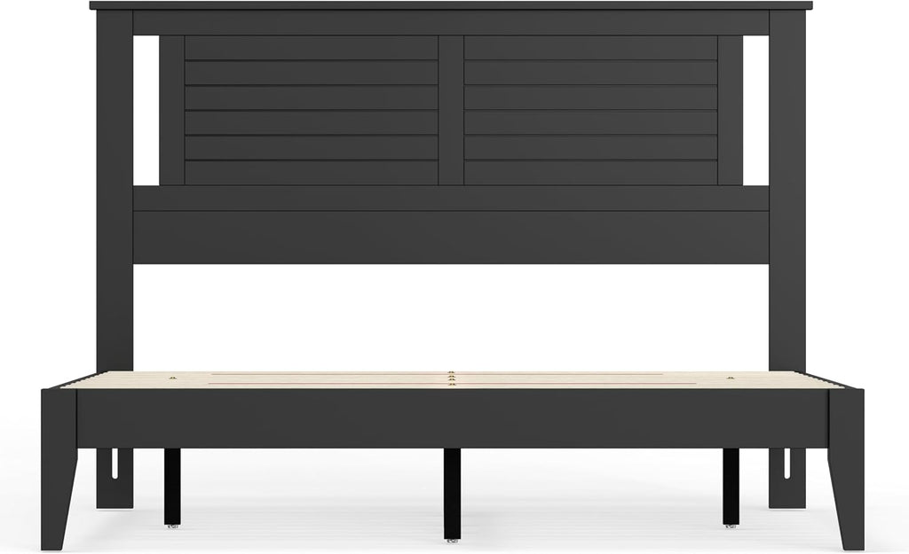 ComfIQ Solid Wood Platform Bed with Wooden Slats – Durable Frame, No Box Spring Required, Ample Underbed Storage, Black, Queen, Bed and Horizontal Slat Headboard