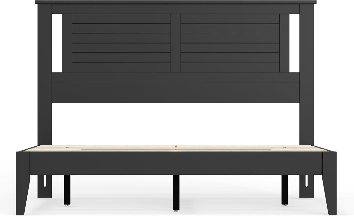 ComfIQ Solid Wood Platform Bed with Wooden Slats – Durable Frame, No Box Spring Required, Ample Underbed Storage, Black, Queen, Bed and Horizontal Slat Headboard