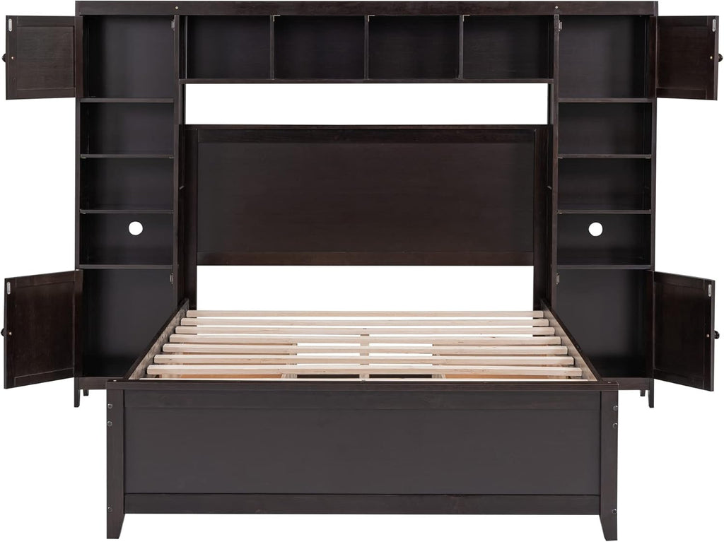 Harper & Bright Designs Full Size Platform Bed Frame with Bookcase Headboard and Drawers, Solid Wood Bed Frame with All-in-One Cabinet and Shelf for Saving Space, Espresso