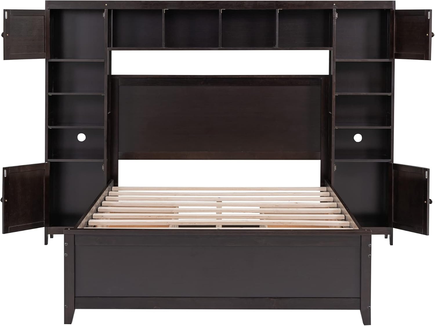 Harper & Bright Designs Full Size Platform Bed Frame with Bookcase Headboard and Drawers, Solid Wood Bed Frame with All-in-One Cabinet and Shelf for Saving Space, Espresso