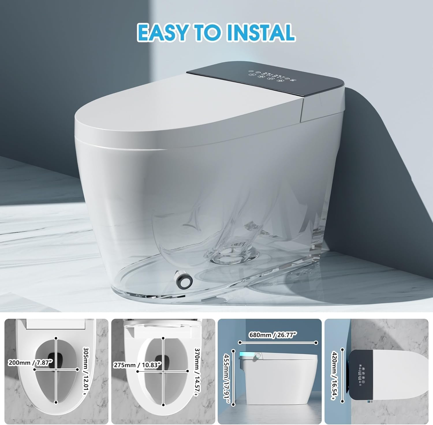 Smart Toilet with Bidet Built Warm Water Sprayer and Dryer, Foot Sensor Operation,Heated Seat toilet with LED Display for Bathroom,One Piece Bidet Auto Dual Flush