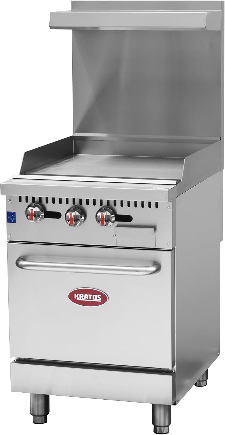 Kratos 24' Wide Commercial Gas Range with Griddle Top and 30,000 BTU Oven, Stainless Steel Griddle for Restaurants, Natural Gas