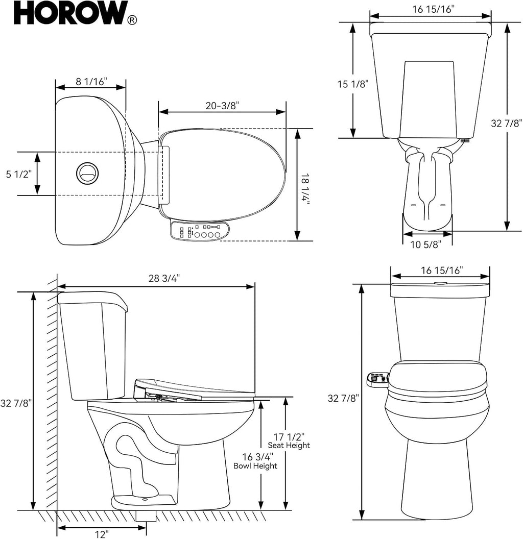 HOROW Two-Piece Elongated Tall Toilet with Smart Seat, 17 Inch ADA Height Toilet with Heated Seat, Powerful 1.1/1.6 GPF Dual Flush toilet, MAP 1000g, 12' Rough In High Bowl for Seniors, White
